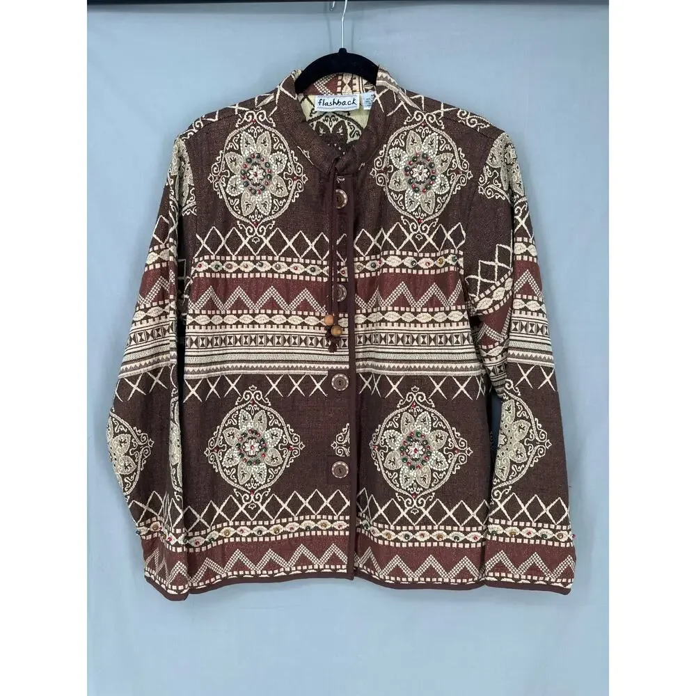 90s Vintage Jacket Womens Medium Brown Tapestry Button Beaded Boho Cottage
